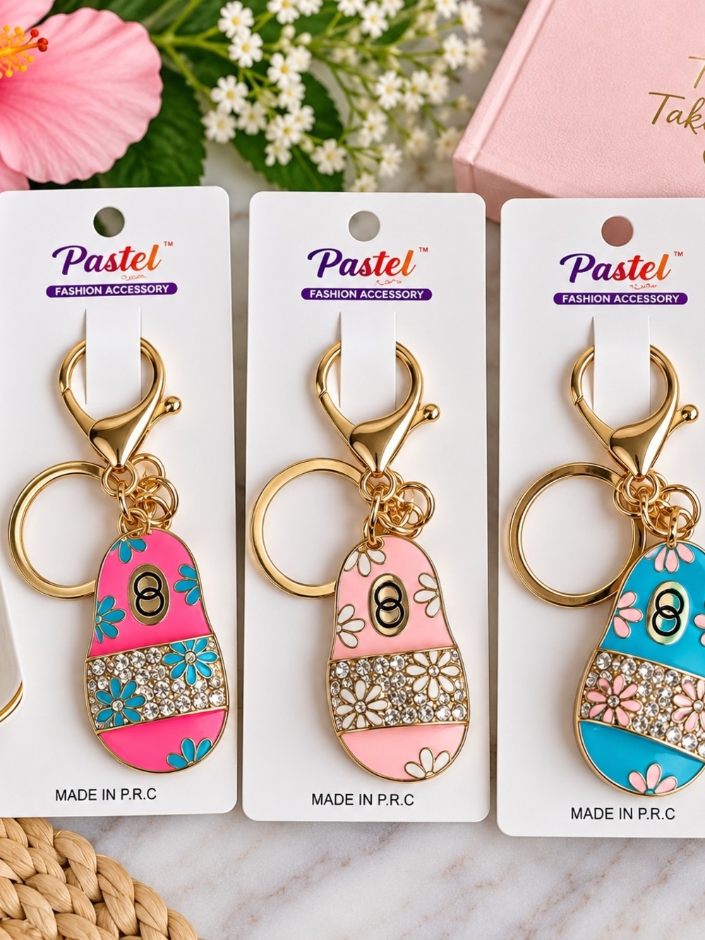 Pastel Rhinestone Flip Flop Purse Charm Keychain – Gold Tone